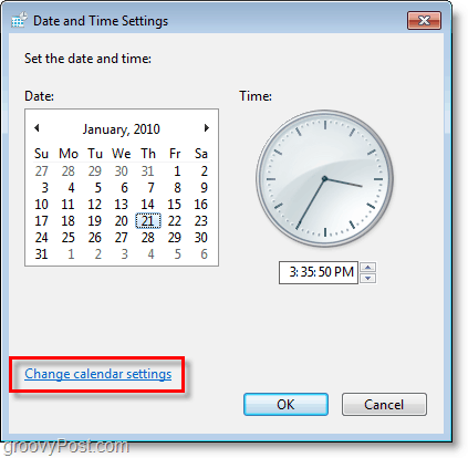 Στιγμιότυπο οθόνης των Windows 7 - αλλάξτε τις ρυθμίσεις του ημερολογίου
