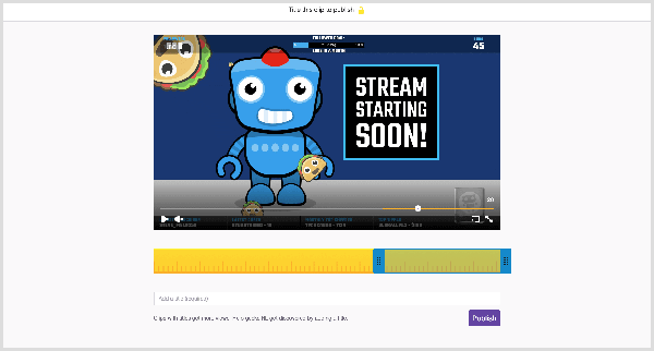 Το πρόγραμμα αναπαραγωγής βίντεο Twitch διαθέτει ένα κουμπί κλιπ που σας μεταφέρει σε μια οθόνη όπου μπορείτε να δημιουργήσετε ένα κλιπ από μια ζωντανή μετάδοση. Ένας κίτρινος χάρακας εμφανίζεται κάτω από την προεπισκόπηση του κλιπ. Οι μπλε λαβές σάς βοηθούν να ορίσετε τα σημεία έναρξης και λήξης για το κλιπ σας. Ένα πλαίσιο κειμένου όπου δίνετε στο κλιπ ένα όνομα εμφανίζεται κάτω από τον χάρακα. Ένα μωβ κουμπί δημοσίευσης εμφανίζεται κάτω από το πεδίο ονόματος κλιπ.