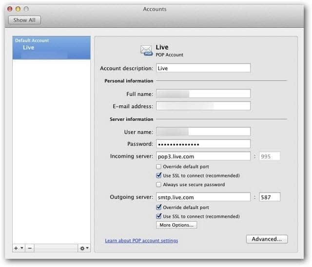 Microsoft Outlook Mac 2011: Ρύθμιση του Windows Live Mail μέσω POP3