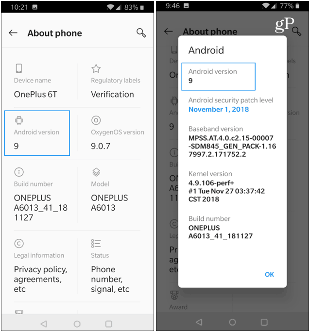 OnePlus Σχετικά με την έκδοση Android Phone
