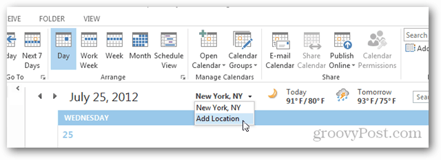 Outlook 2013 Calendar Weather Tour - Κάντε κλικ στην Προσθήκη τοποθεσίας