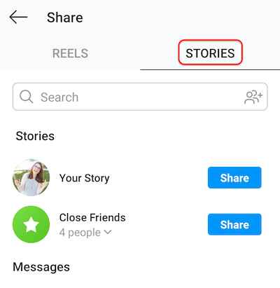 στιγμιότυπο οθόνης της οθόνης ανάρτησης του instagram που δείχνει την καρτέλα ιστοριών που επιτρέπει την κοινοποίηση κυλίνδρων στην ιστορία σας ή κοντά στη λίστα φίλων
