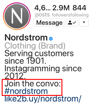 Παράδειγμα σωστής χρήσης hashtag σε βιογραφικό Instagram.
