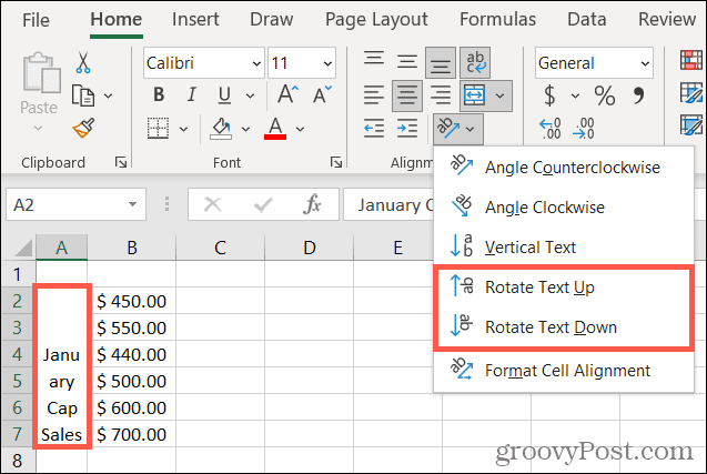 Περιστροφή κειμένου πάνω ή κάτω στο Excel