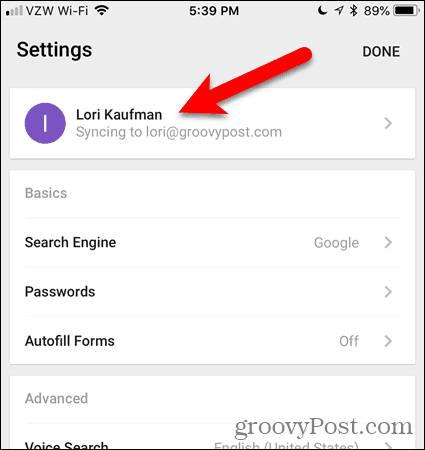 Πατήστε το όνομα λογαριασμού στο Chrome για iOS