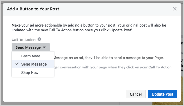 Επιλογή κουμπιών Facebook Messenger στη δημιουργία διαφημίσεων.
