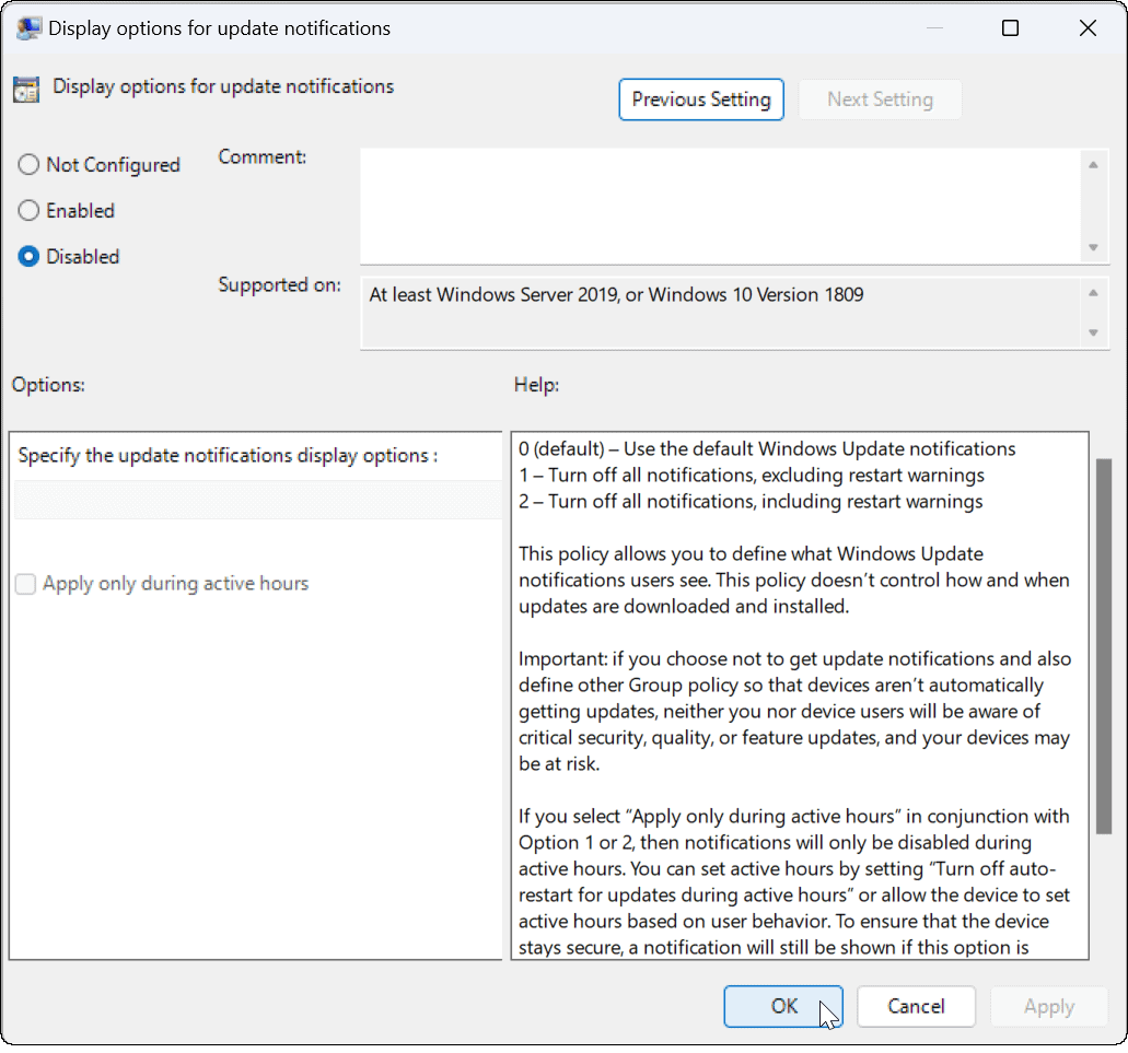 Απενεργοποιήστε τις ειδοποιήσεις ενημέρωσης στα Windows 11