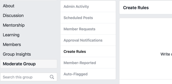 Πώς να βελτιώσετε την κοινότητα της ομάδας σας στο Facebook, την επιλογή μενού Facebook για τη δημιουργία κανόνων για την εποπτεία της ομάδας σας