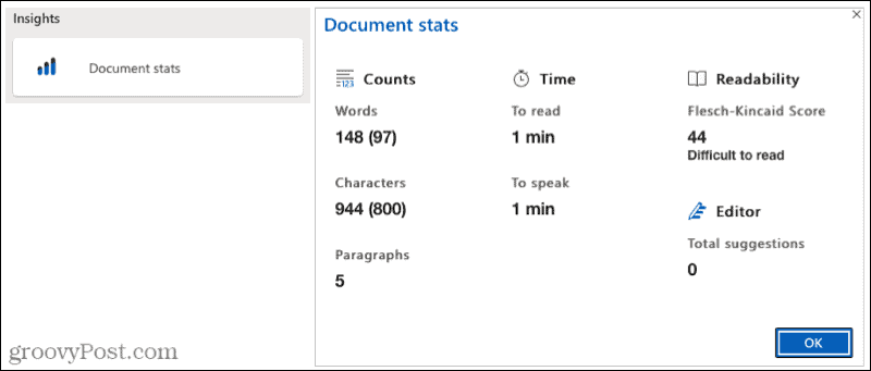 Στατιστικά εγγράφων του Microsoft Editor