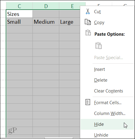 Απόκρυψη συντόμευσης στήλης στο Excel στα Windows