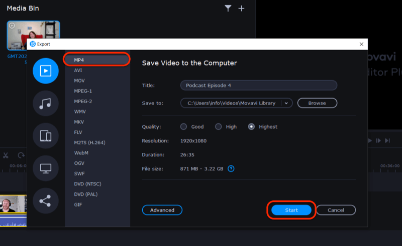 εξαγωγή αρχείου βίντεο στο Movavi Video Editor Plus