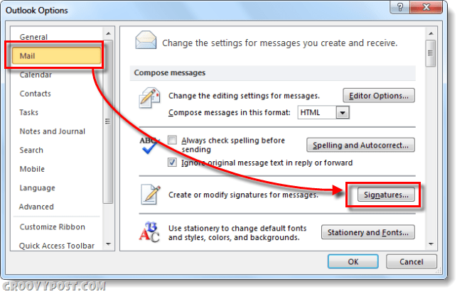mail υπογραφές στις επιλογές του Outlook 2010
