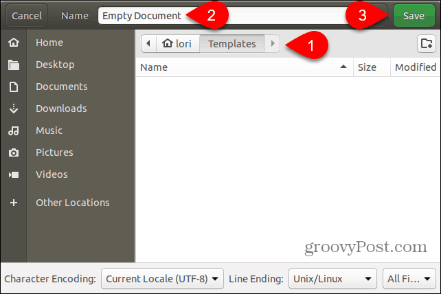 Αποθηκεύστε το αρχείο προτύπου κενού εγγράφου στο φάκελο "Πρότυπα" στο Ubuntu
