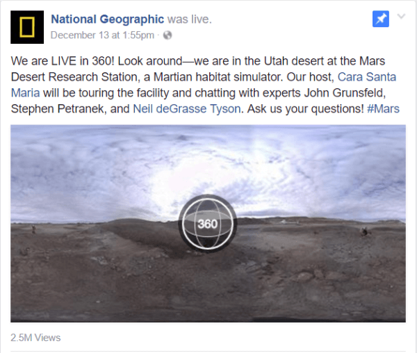 Το Facebook κυκλοφόρησε το βίντεο Live 360 ​​αυτήν την εβδομάδα με μια έκθεση National Geographic από την εγκατάσταση Mars Desert Research Station στη Γιούτα.