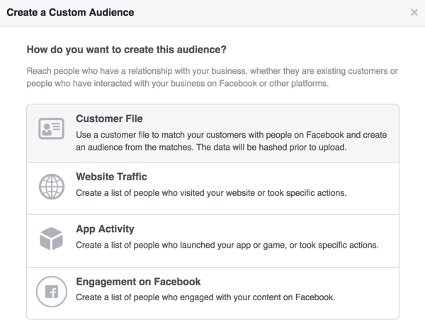 Επιλέξτε Αρχείο πελατών για να δημιουργήσετε το προσαρμοσμένο κοινό σας στο Facebook των συνδρομητών του ενημερωτικού δελτίου.