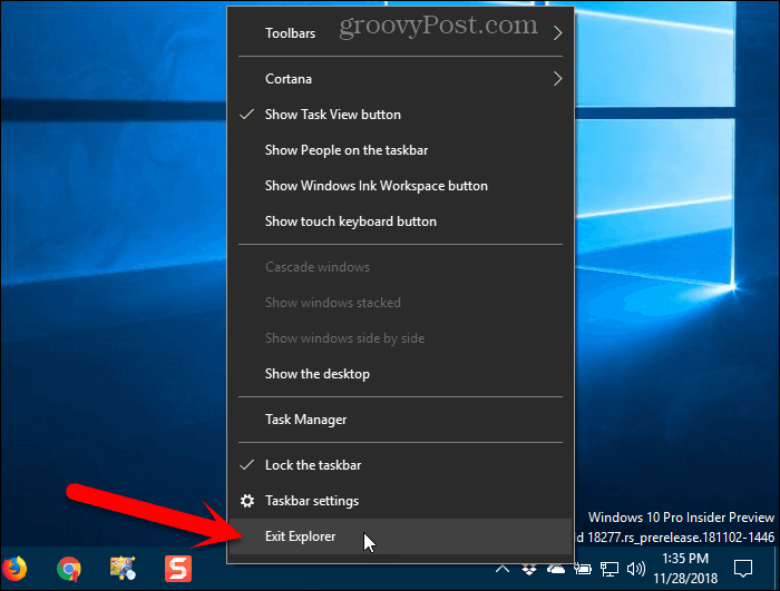 Επιλέξτε Exit Explorer από το μενού περιβάλλοντος της γραμμής εργασιών στα Windows 10