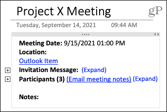 Λεπτομέρειες συνάντησης στο OneNote σε Mac