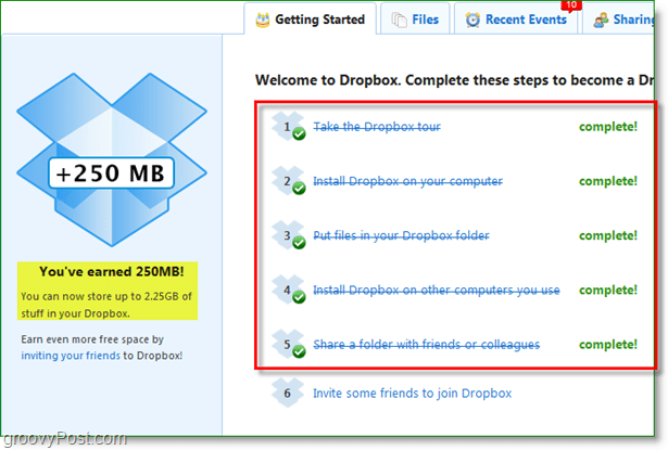 Στιγμιότυπο οθόνης Dropbox - 250mb χώρο ανταμείβεται γρήγορα