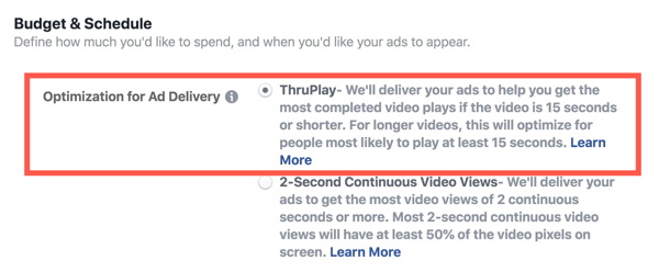 Facebook ThruPlay Optimization για διαφημίσεις βίντεο, βήμα 2.
