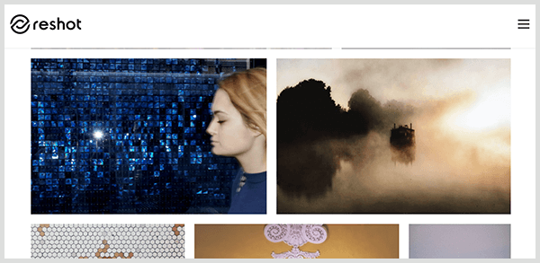 Το Reshot είναι ένας ιστότοπος με φωτογραφίες με επιμελημένες εικόνες. Το στιγμιότυπο οθόνης της βιβλιοθήκης φωτογραφιών στον ιστότοπο Reshot περιλαμβάνει προφίλ λευκής γυναίκας με ξανθά μαλλιά μπροστά από ιριδίζον μπλε πλακάκι και ένα ομιχλώδες τοπίο με σκιαγραφημένα δέντρα.