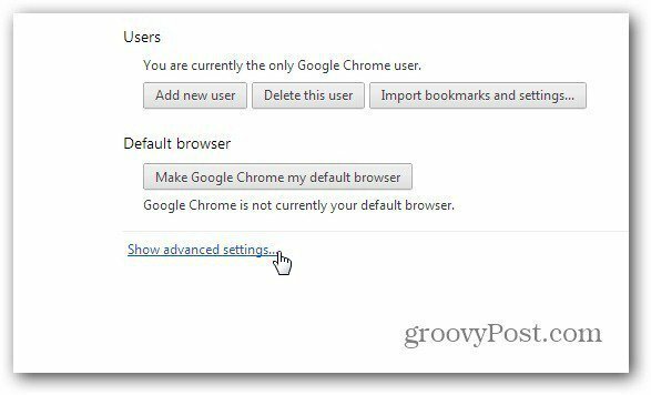 Chrome εμφανίζει σύνθετες ρυθμίσεις