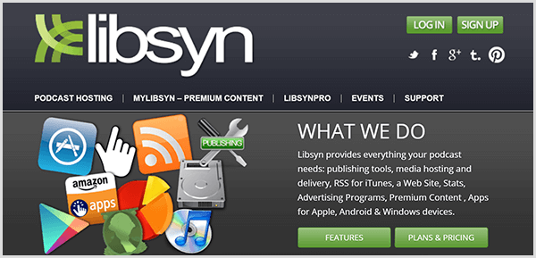 Ο Chris Brogan χρησιμοποιεί το Libsyn για να φιλοξενήσει τα αρχεία ήχου για την ενημέρωση του Alexa flash. Ο ιστότοπος της Libsyn διαθέτει στοιχεία πλοήγησης για φιλοξενία podcast, premium περιεχόμενο, επαγγελματικά χαρακτηριστικά, εκδηλώσεις και υποστήριξη.