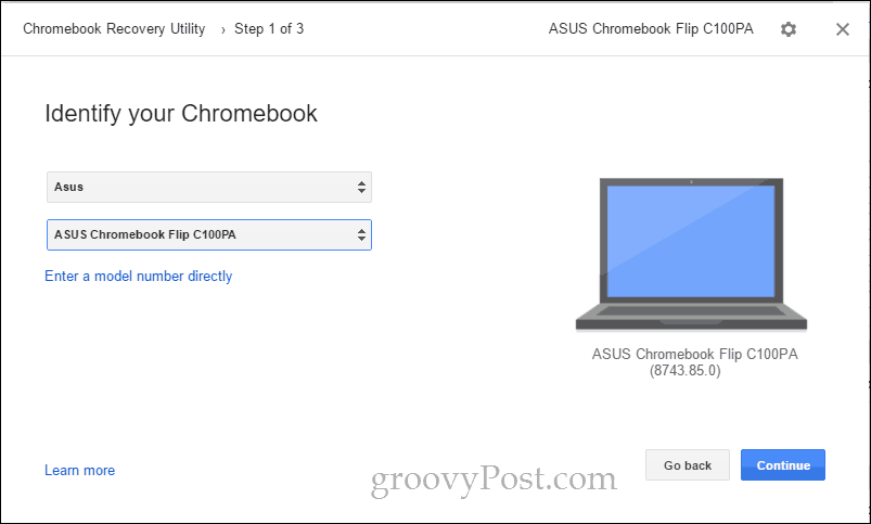 χρησιμότητα ανάκτησης chromebook επιλέξτε μοντέλο