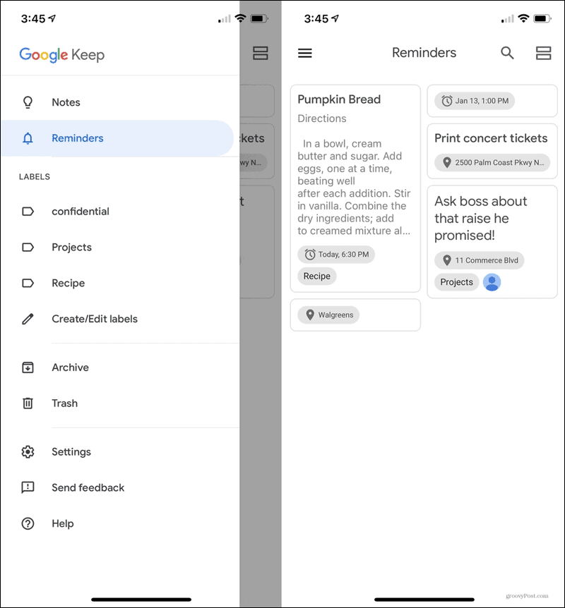 Όλες οι υπενθυμίσεις Google Keep για κινητά