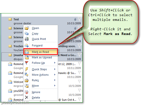 επιλέξτε πολλά μηνύματα ηλεκτρονικού ταχυδρομείου και σημειώστε πολλά μηνύματα ηλεκτρονικού ταχυδρομείου ως αναγνωσμένα ή μη αναγνωσμένα στο γραφείο του Outlook 2010