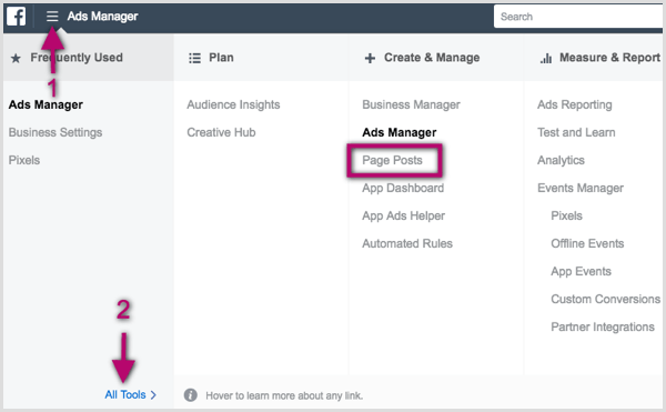 Επιλογή αναρτήσεων σελίδας στο Facebook Ads Manager
