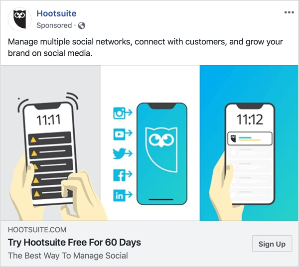 Τα μηνύματα στη διαφήμιση Hootsuite Facebook είναι ξεκάθαρα και περιεκτικά. 