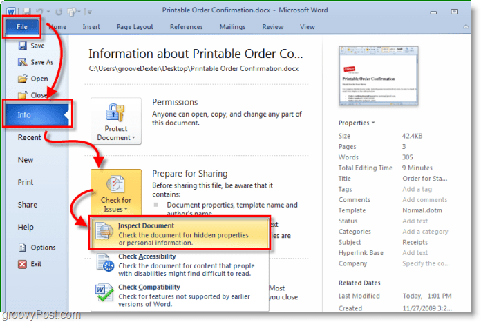 πώς να αποκτήσετε πρόσβαση στον επιθεωρητή εγγράφων στο Microsoft Office 2010