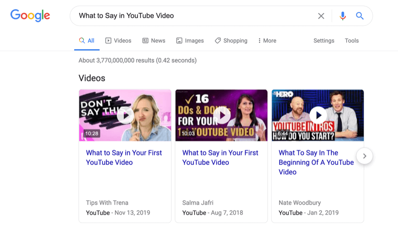 στιγμιότυπο οθόνης μιας αναζήτησης google για το τι να πει στο βίντεο του YouTube με τα αποτελέσματα αναζήτησης βίντεο που σημειώνονται