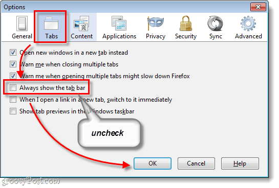 Firefox 4 επιλογές καρτελών και Να εμφανίζεται πάντα η γραμμή καρτέλας ανεξέλεγκτη