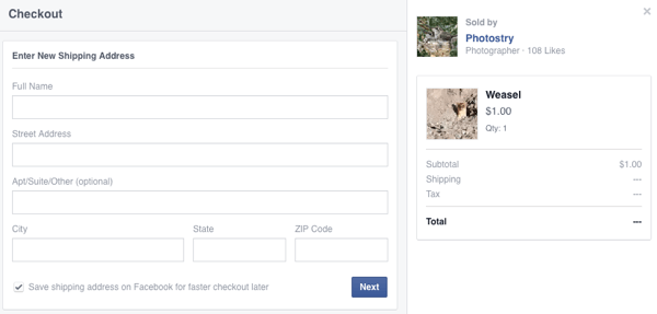 ο πελάτης εισάγει τα στοιχεία αποστολής για την πρώτη αγορά στο facebook