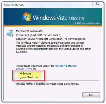 Προβολή ιδιοκτήτη και οργανισμός για τα Windows Vista