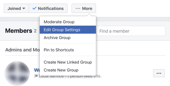 Πώς να βελτιώσετε την κοινότητα της ομάδας σας στο Facebook, επιλογή μενού για να επεξεργαστείτε τις ρυθμίσεις της ομάδας του Facebook