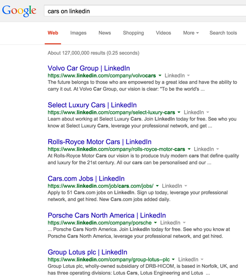 Τα αποτελέσματα της σελίδας της εταιρείας Linkedin στα αποτελέσματα αναζήτησης google για αυτοκίνητα στο Linkedin