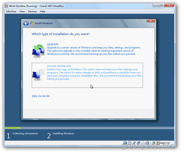 Το VirtualBox των Windows 8 επιλέγει προσαρμοσμένη εγκατάσταση