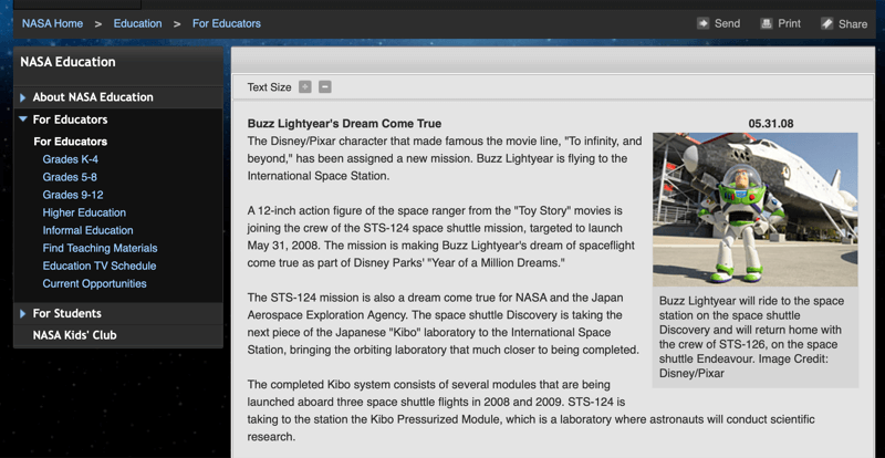 Άρθρο της Nasa για το παιχνίδι Buzz Lightyear στο διάστημα