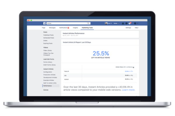 Το Facebook παρουσίασε ένα νέο εργαλείο ανάλυσης που συγκρίνει την απόδοση του περιεχομένου που δημοσιεύεται μέσω της πλατφόρμας Instant Άρθρα του Facebook σε σύγκριση με άλλα ισοδύναμα ιστού για κινητά.