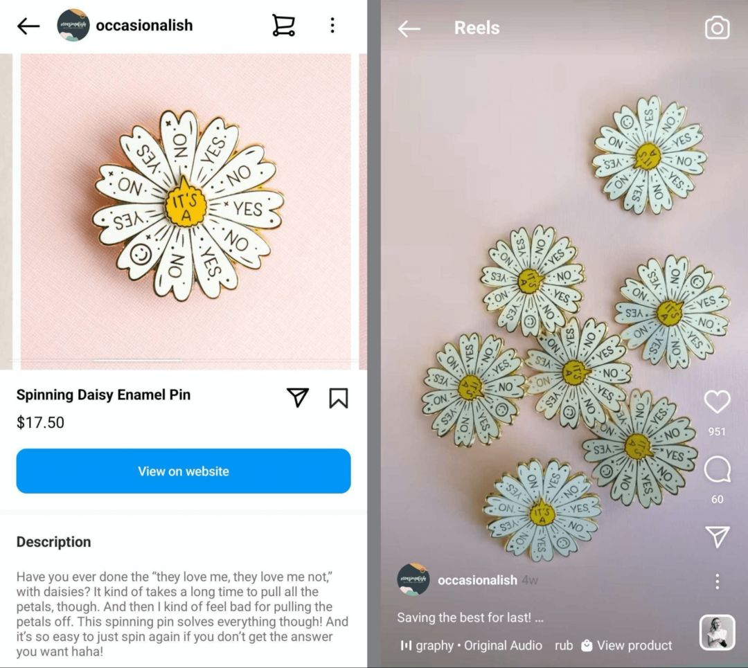 εικόνα του ίδιου προϊόντος σε κατάστημα Instagram και καρούλι Instagram