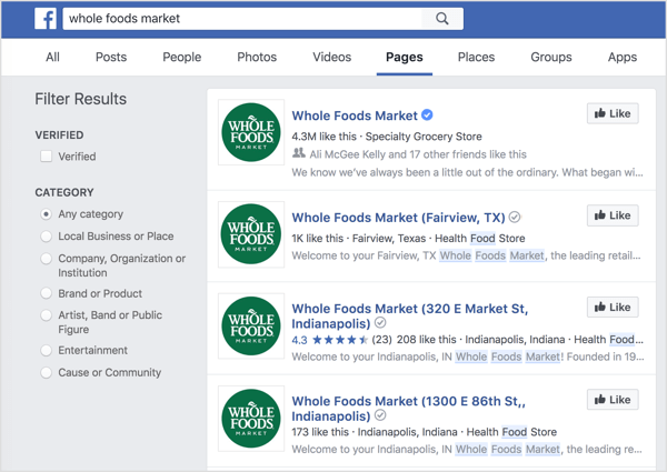 Μεμονωμένες σελίδες τοποθεσίας εμφανίζονται στην αναζήτηση στο Facebook.