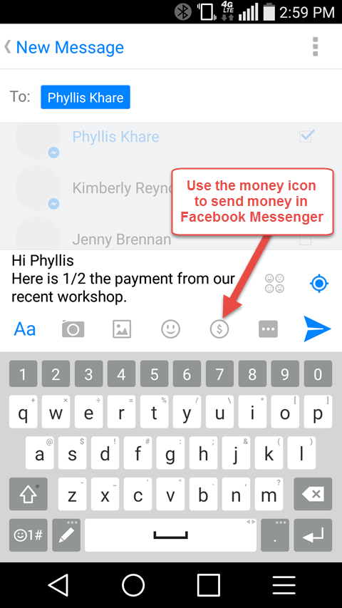 επιλογή αποστολής χρημάτων στο Facebook messenger