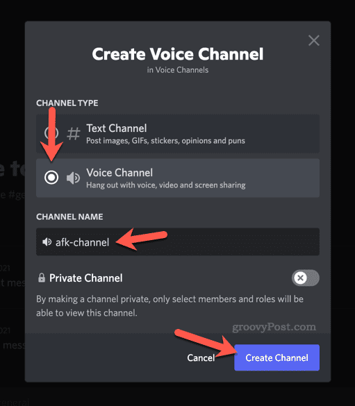 Ρύθμιση επιλογών για νέο κανάλι φωνής στο Discord