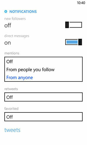 Ρυθμίσεις ειδοποίησης twitter για Windows Phone