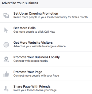 Η χρήση μιας σελίδας Facebook σάς παρέχει πρόσβαση σε μια ποικιλία επιλογών διαφήμισης.