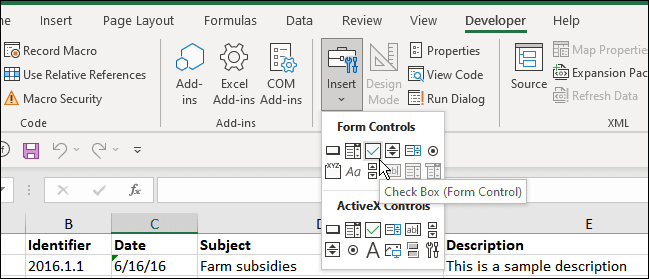 εισαγωγή του πλαισίου ελέγχου προγραμματιστής Excel