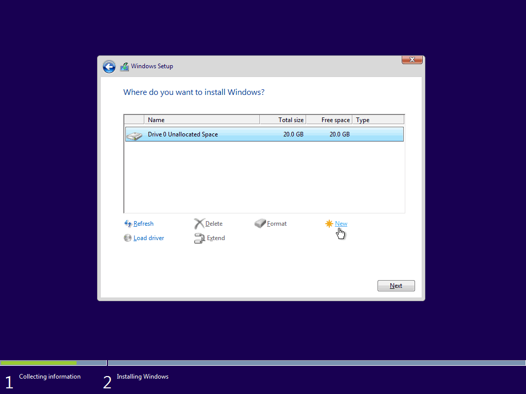 07 Δημιουργία νέου διαμερίσματος από μη διανεμόμενο χώρο 5 Windows 10 Καθαρή εγκατάσταση