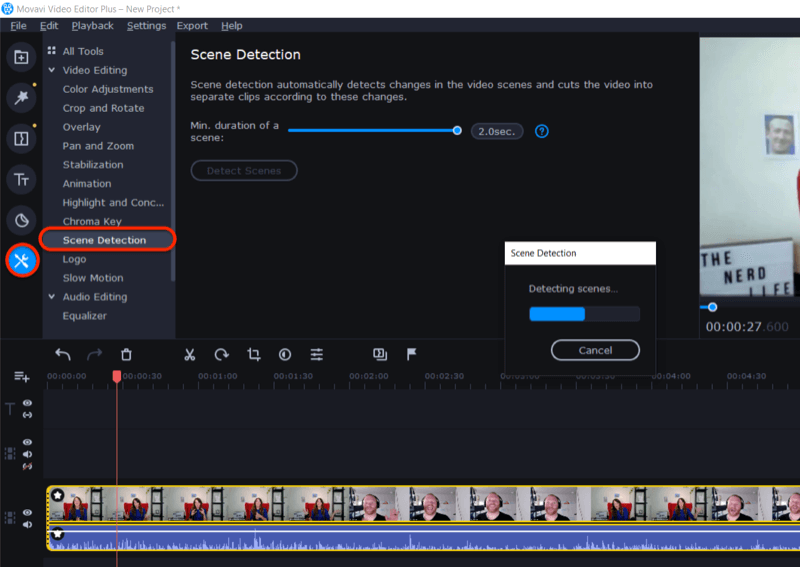 πρόσβαση στη λειτουργία Ανίχνευση σκηνής στο Movavi Video Editor Plus